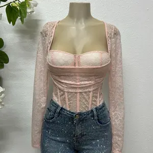 Pretty Pink Semi-Sheer Corset Top with Embroidered Lace Flowers - Elegant & Chic Design