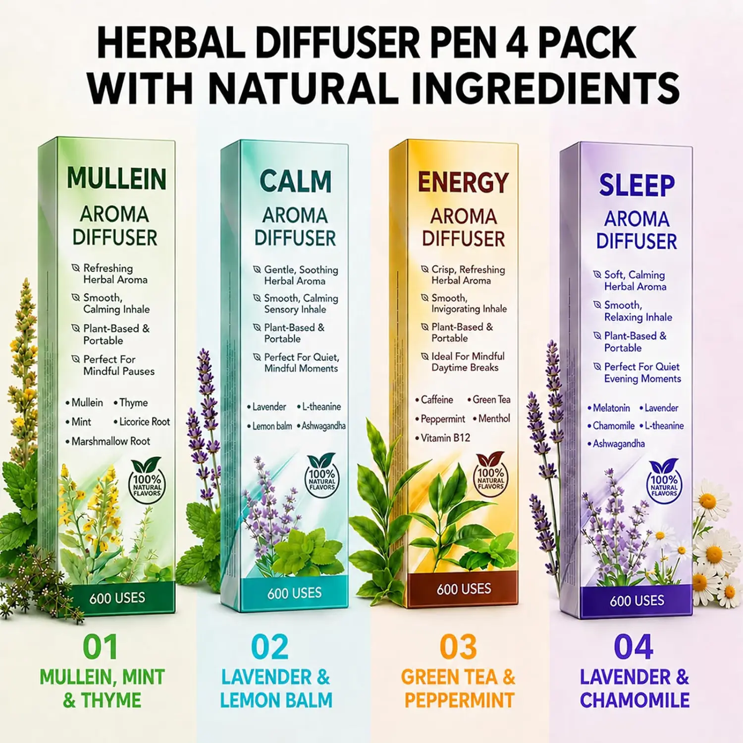 4-Pack Herbal Diffuser Pen - Non-Electric Home Fragrance Accessory with Mullein Botanical Aroma Sticks
