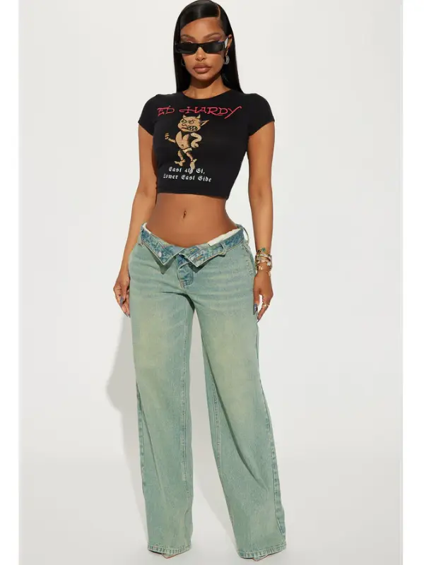 Frankie Foldover Tinted Wide Leg Jeans - 90s Inspired Baggy Style with Mid Rise & Fixed Fold-Over Waistband - 33" Inseam - Medium Wash - 71% Cotton 19% Rayon 10% Polyester