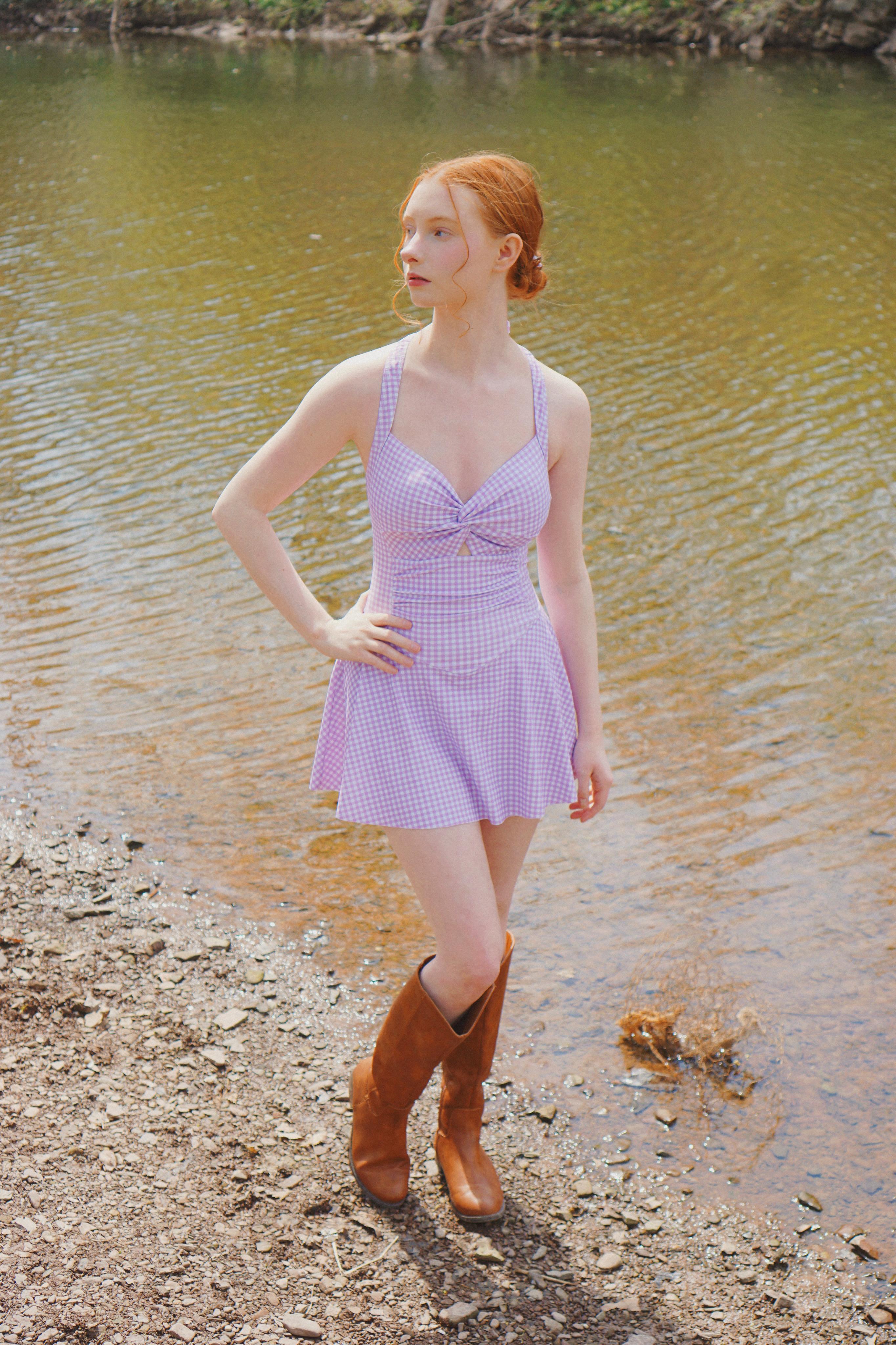 Purple 1930s Plaid Halter One-Piece Retro Halter One Piece Swim Dress for Women Gingham Print Push Up Swimsuit with Tie Back and Skirted Bottom Trendy Summer Outfit for Vacation Look and Try On Haul Retro Stage Flowy Swimdress