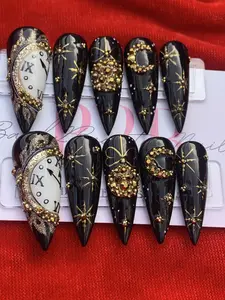 Back2Beauty Black and Gold New Year's Eve Nails, Glue on Nails
