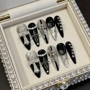 3D Cross Lace Gothic Y2K Press on Nails Set - Edgy Look, 3D Design Reusable Acrylic Nail Kit with Glue, Easy Apply for Women’s Night Party Manicure
