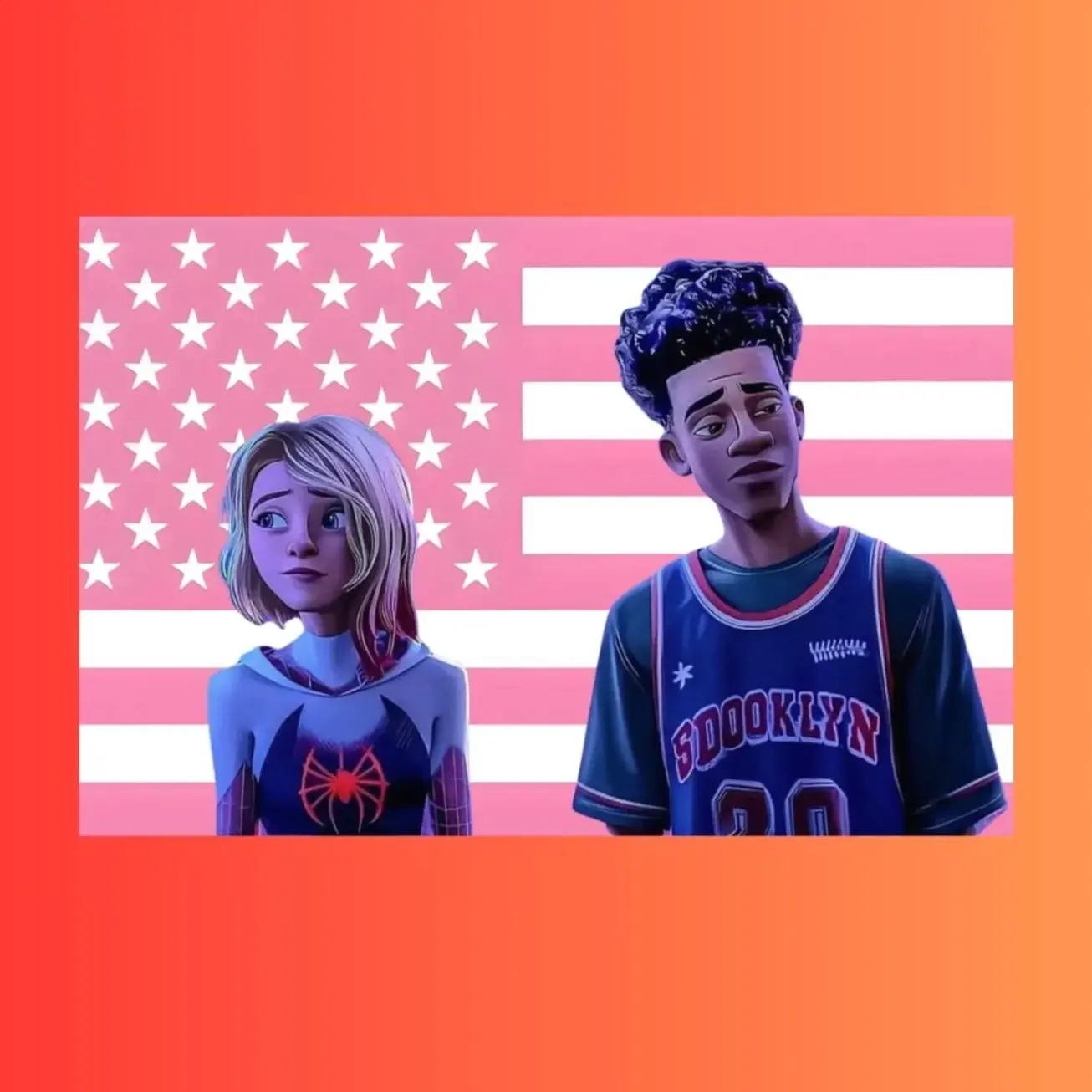 Miles Morales & Gwen Stacy Pink American Flag | Brooklyn Jersey | Spider-Verse Tapestry | Streetwear Wall Art