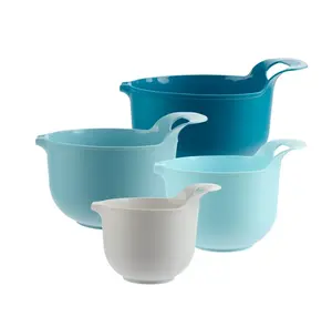 4 Piece Nesting Plastic Mixing Bowl Set with Pour Spouts and Handles Blue Includes White and Light Blue Options