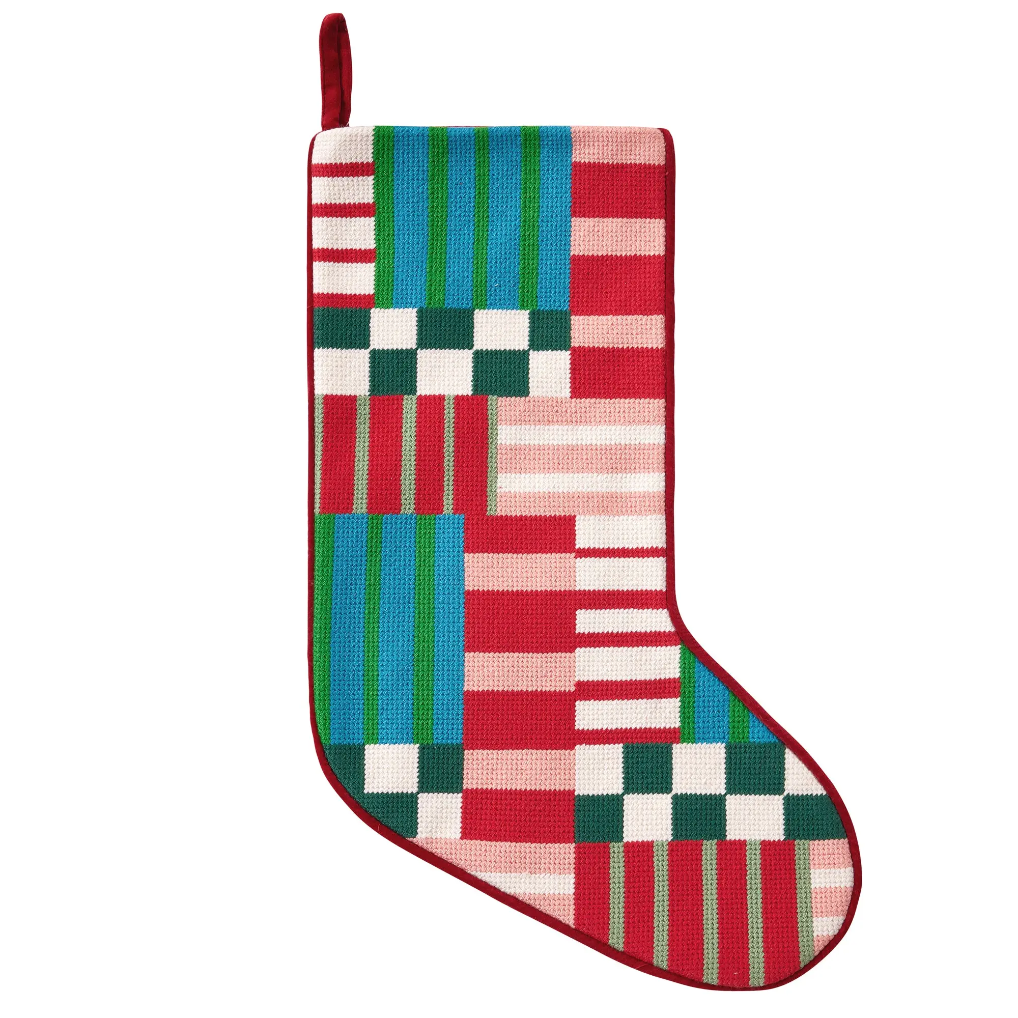 Modern Patchwork Embroidered Needlepoint Style Stocking