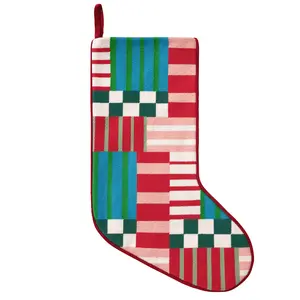 Modern Patchwork Embroidered Needlepoint Style Stocking