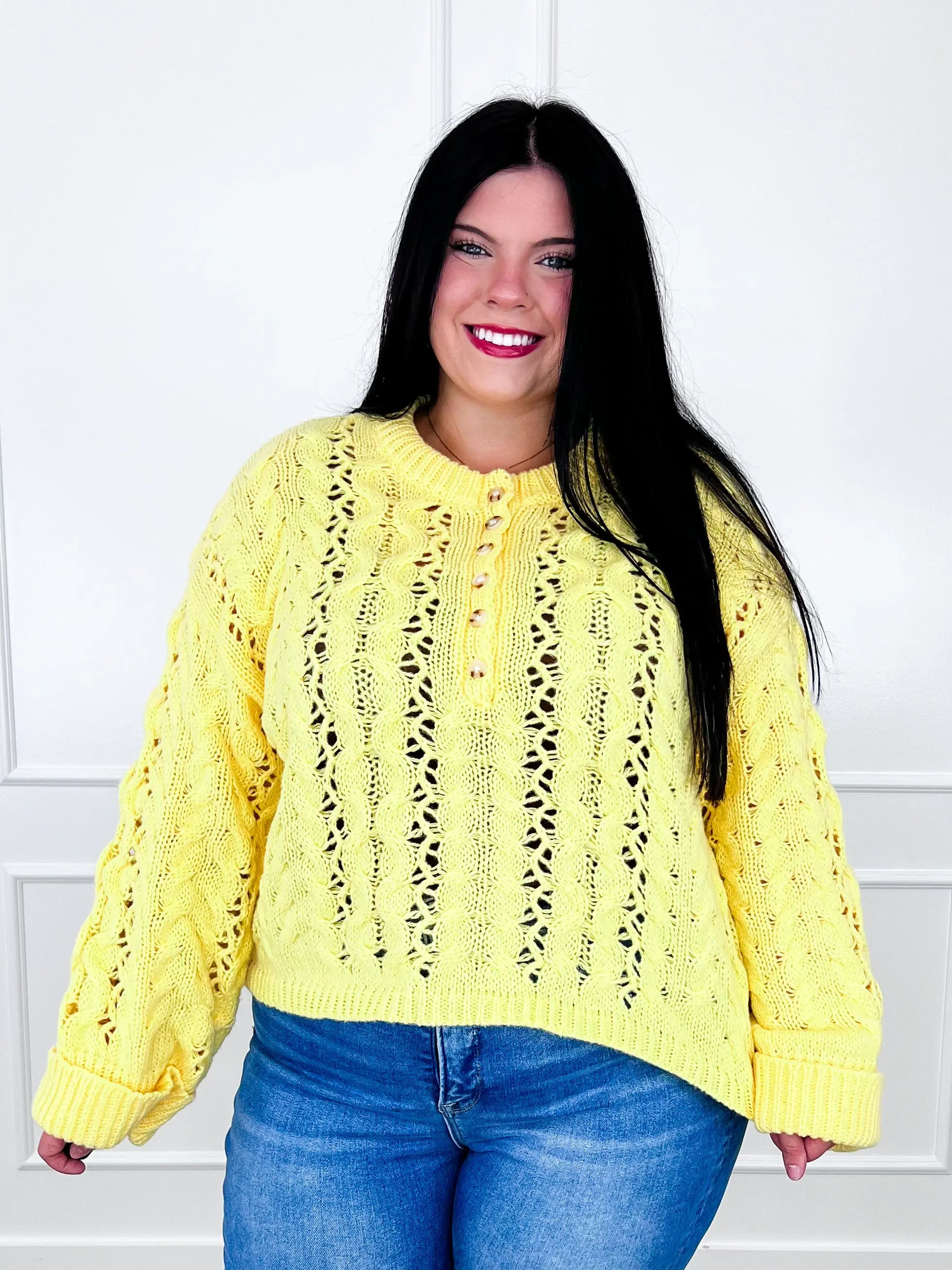 Women's Oversized Stretchy Knitwear Top, Bibi Radiating Sunshine Yellow Fabric Long-Sleeve Fit Sweater, Cuffed