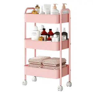 Makeup Cart, Movable Rolling Organizer Cart, 3 Tier Metal Utility Cart Pink