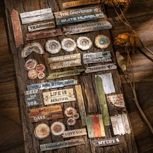 150 sheets embossed hard card sticker pack, wood grain, English letters, sentence themes, vintage style, paper, self adhesive, DIY journal decoration, scrapbook material sticker pack