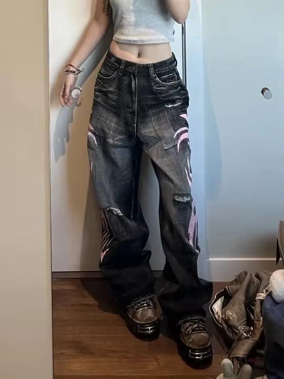 Y2K Street-Style Wide-Leg Denim Jeans for Women and Men, Unisex Comfortable And Loose-Fitting Casual Pants,Suitable for Streetwear Trouser, Daily Wear, Parties, and Outdoor Scenes.Harajuku Hip-hop Womenswear Bottom for All-Season