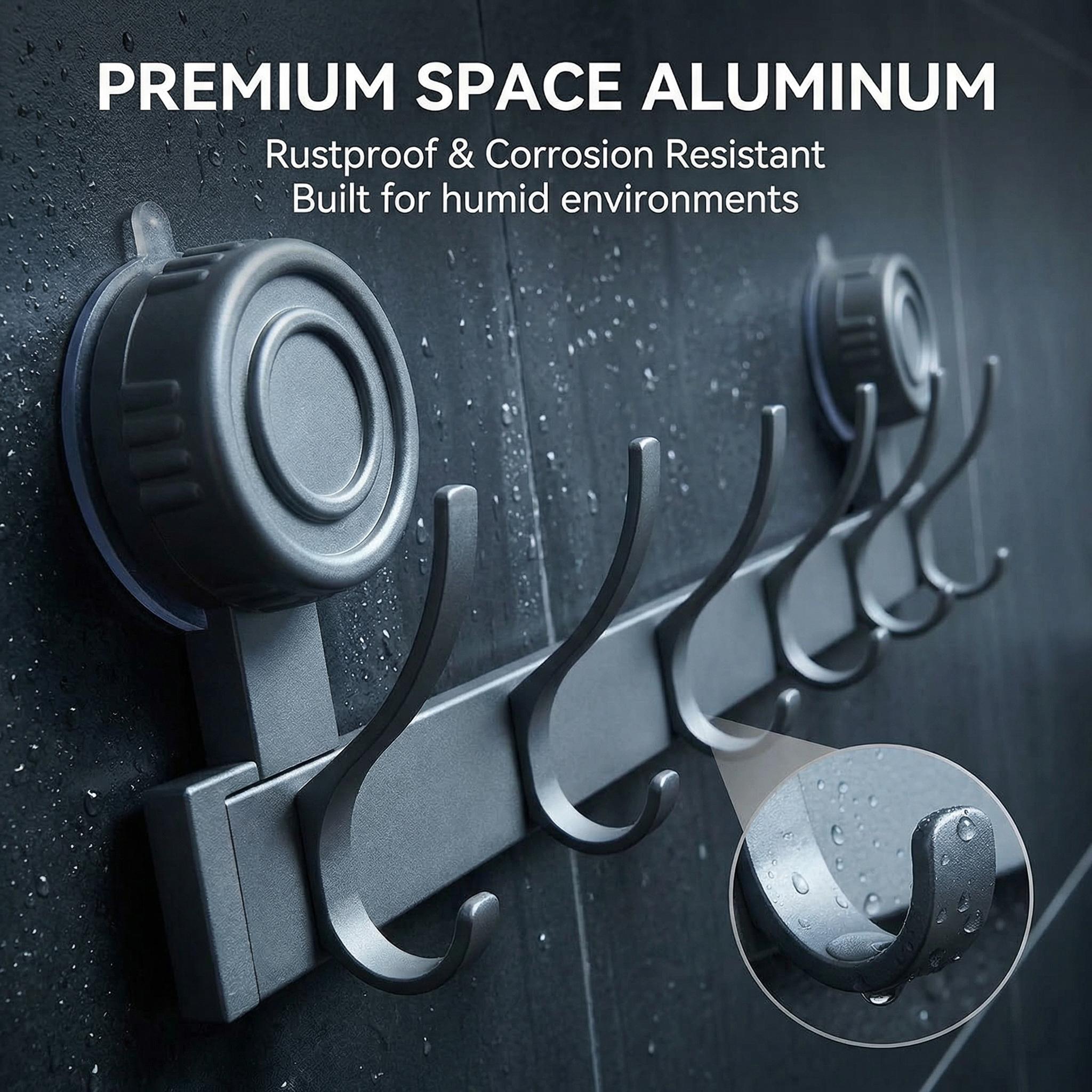 No Drill Suction Cup Hook Rack, Heavy Duty Space Aluminum Wall Hooks for Bathroom Kitchen, 10KG Load Bearing Waterproof Towel Rack