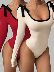 Women's Autumn New Long Sleeve Bodysuit with Color-Blocking, Bow-Tie Waist Tie Design, Slim-Fit Versatile Style, Suitable for Work and Daily Wear, Womenswear