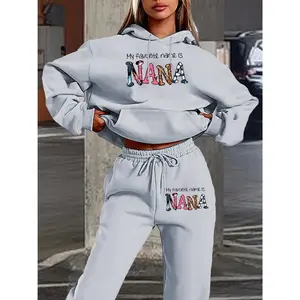 FREE SPIRIT THREADS Women's 2pcs "My Favorite Name Is NANA" Oversized Hoodie & Sweatpants Set - Cozy Matching Loungewear with NANA Lettering, Pockets, Machine Washable Winter Outfit for Casual Wear, Pajamas or Outfits (Pink/Green/Blue/Purple)