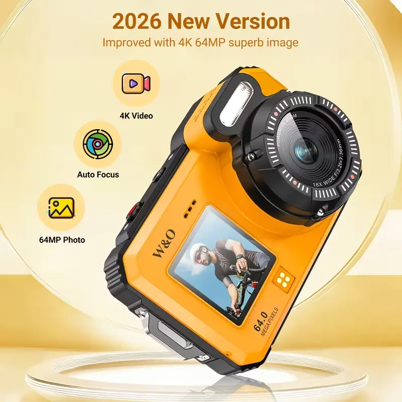 W&O Waterproof Camera 4K 64MP Autofocus Selfie Dual Screen with 32GB Card & Floating Strap 17FT Compact Underwater Digital Camera for Snorkeling