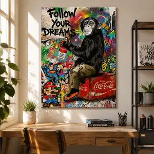 Graffiti Chimpanzee Pattern Canvas Wall Art Painting with Frame, Modern Artistic Artwork for Home Living Room Bedroom Office Decor, Ideal Gift