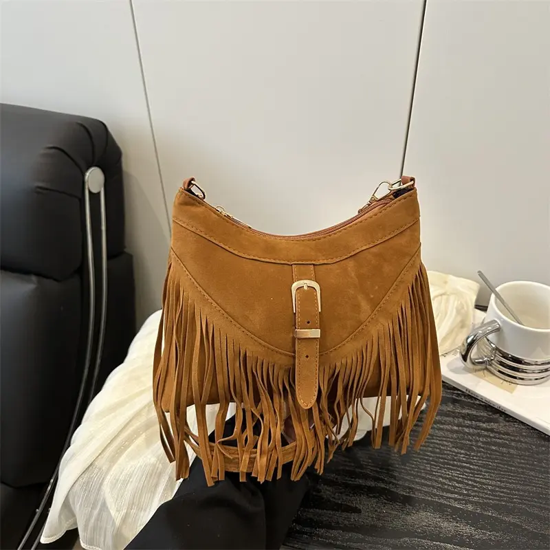 Retro Western Fringe Suede Shoulder Bag Adjustable Crossbody Bag Trendy Vintage Buckle Decor Women Daily Handbag