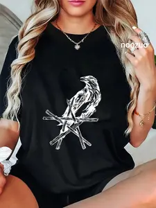100% Cotton Crow Star Raven Pentacle Pentagram Wicca Witchcraft Shirt T-Shirt
