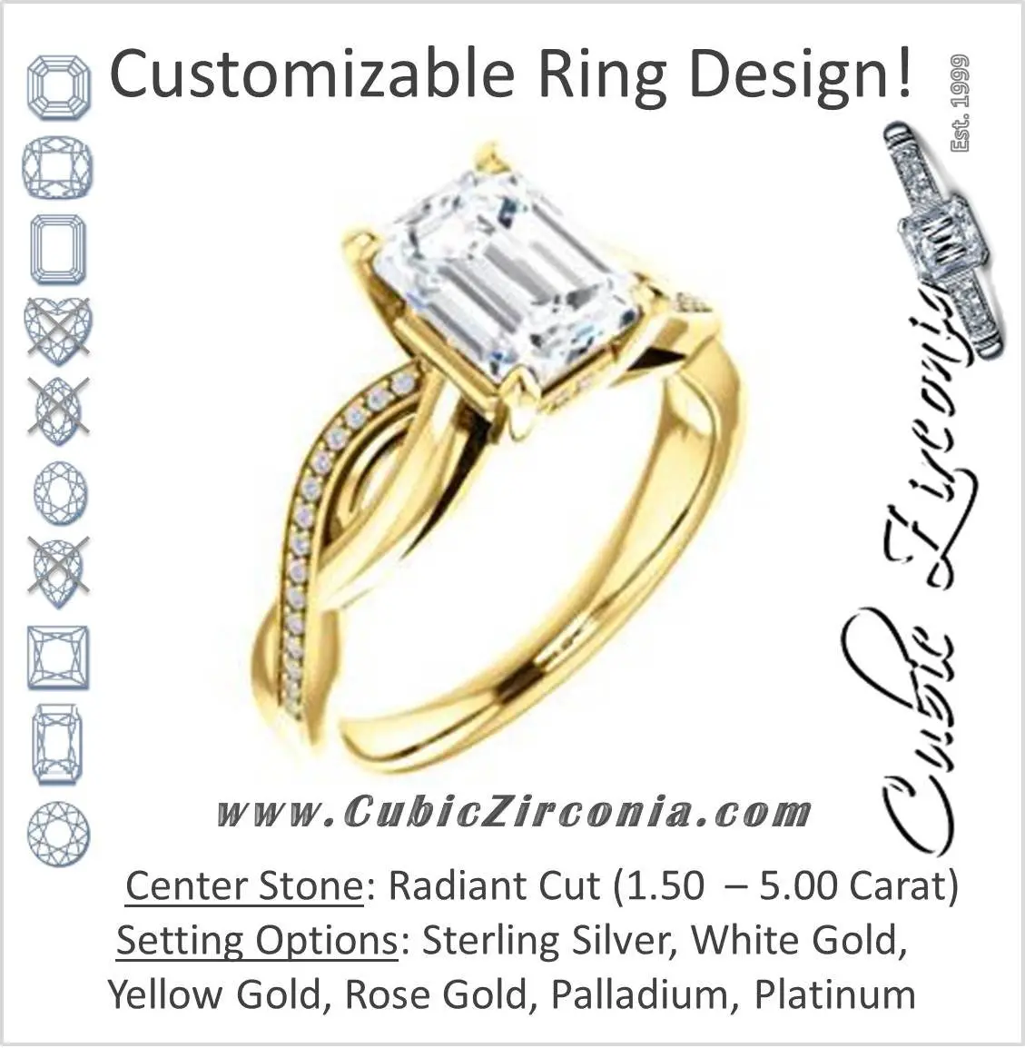 Cubic Zirconia Engagement Ring- The Louisa (Customizable Radiant Cut Design with Twisting Split Pavé Band and Underhalo Accents)
