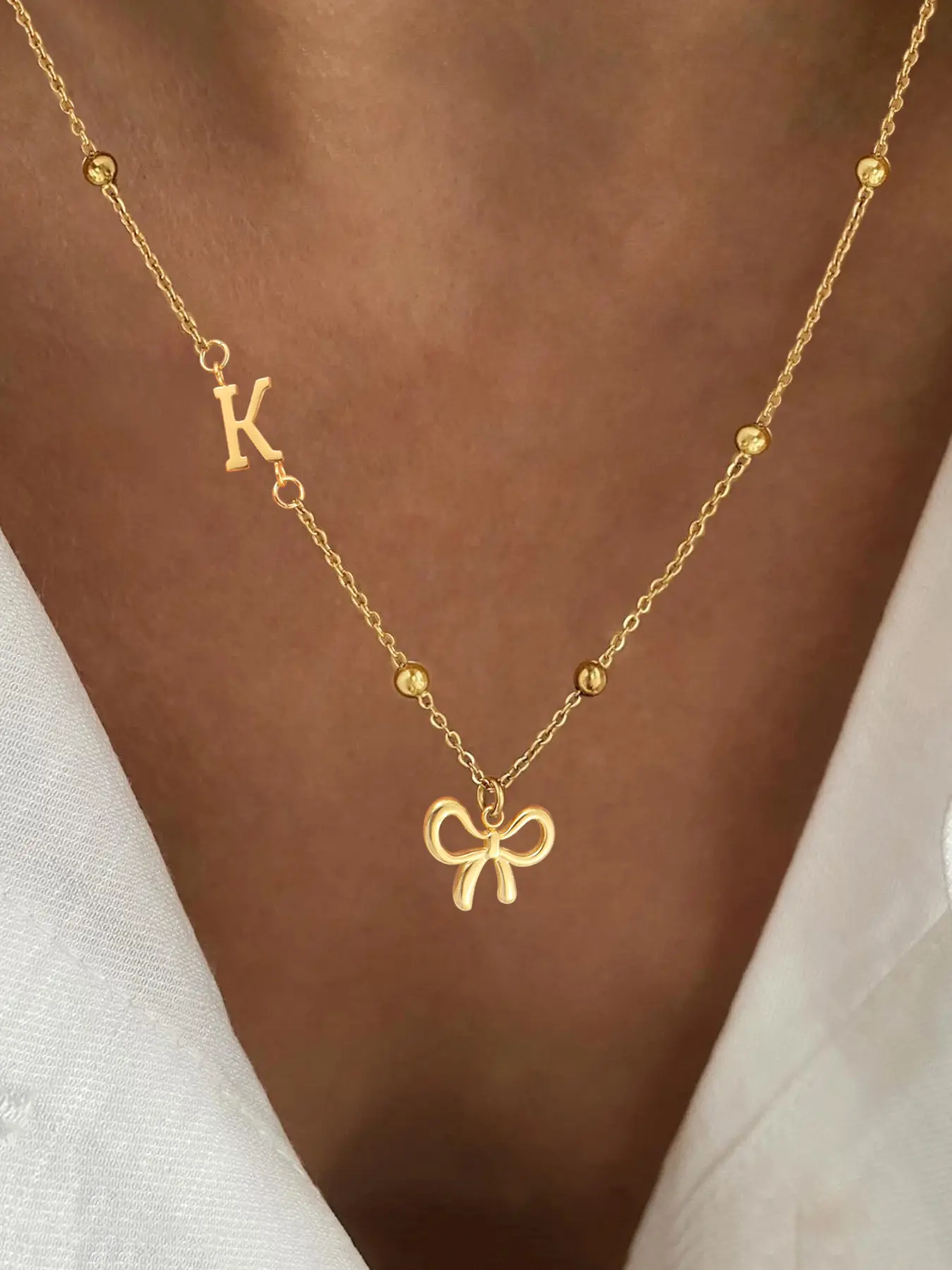 Women's Elegant Stainless Steel Beaded Chain Necklace, Classic Initial Bowknot Pendant Design, All-Season Jewelry Accessory, Fashionable Jewelry Accessories