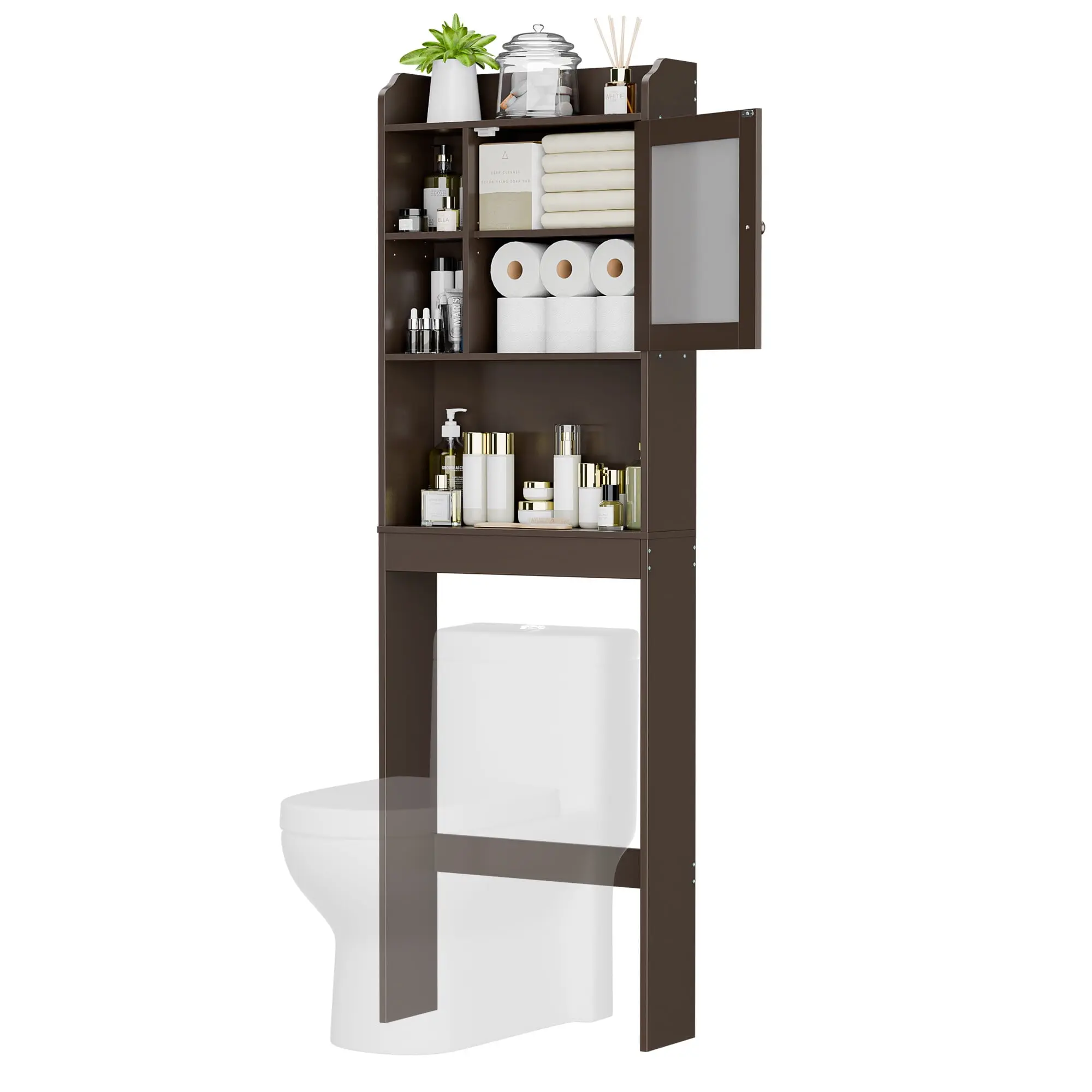 Brown Freestanding Over-The-Toilet MDF Wood Storage Cabinet - 68.3"H Single Unit Bathroom Upgrade, 3-Tier Durable Indoor Cupboard, Space-Saving Easy Assembly Required Furniture Solution, Storage Furniture, Easy Setup