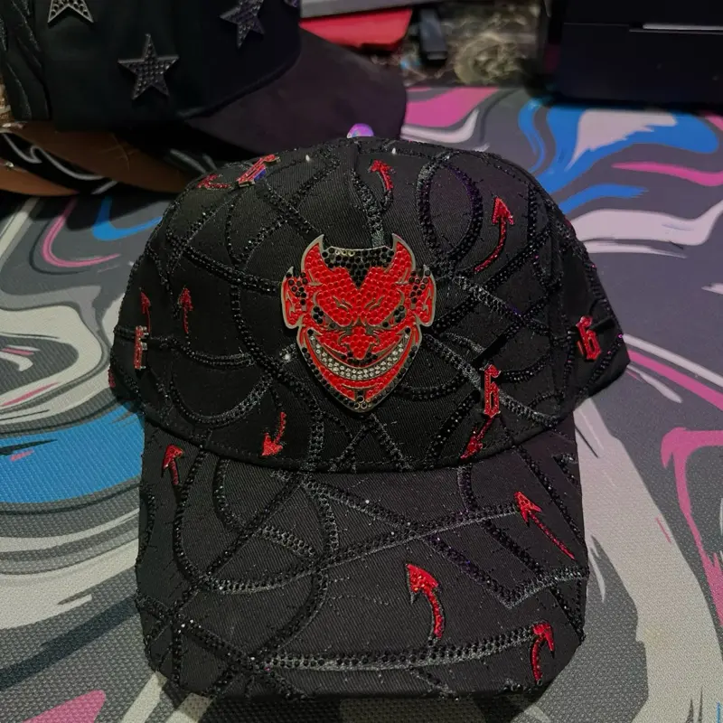 LUCIFER BLACK AND RED 6-6-6 RHINESTONES DESIGN