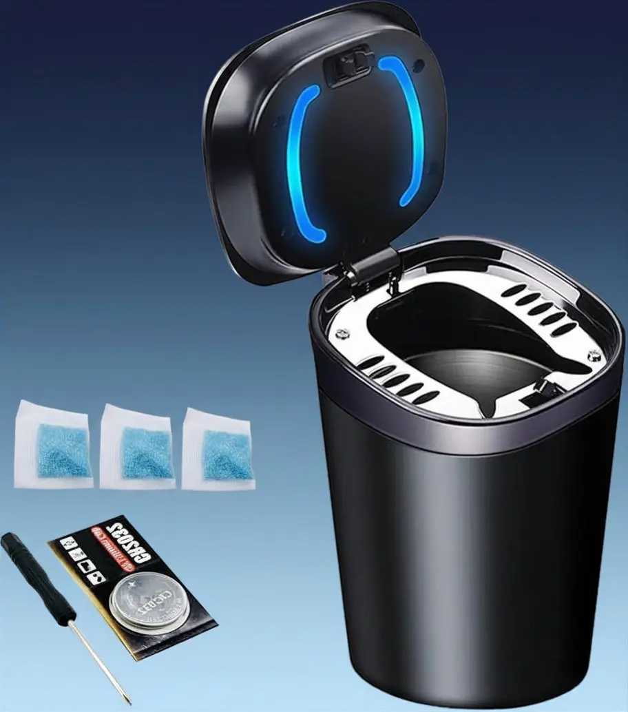 Car Ashtray with Lid Smell Proof, Ashtray, Mini Car Trash Can, Detachable Stainless Steel Ash Tray with Lid and LED Blue Light