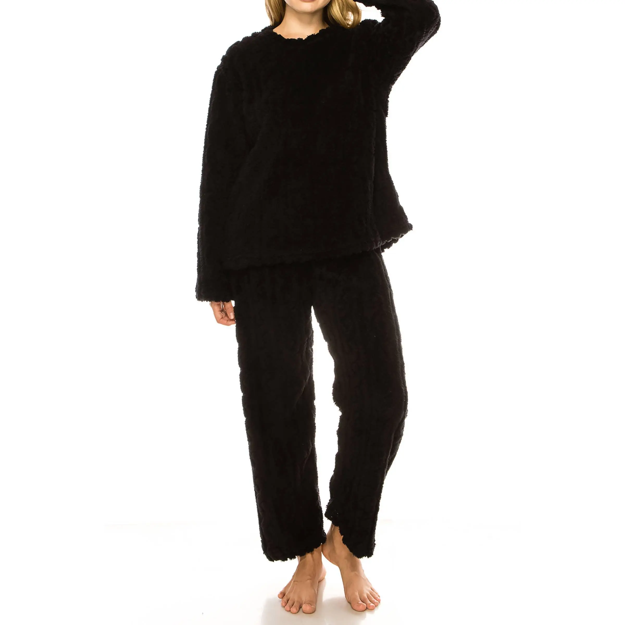Cable Fuzzy Sherpa Fleece Pajama Sets: BLACK