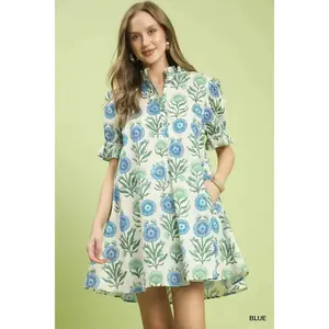 UMGEE Floral Puff Sleeve Babydoll Dress with Side Pockets