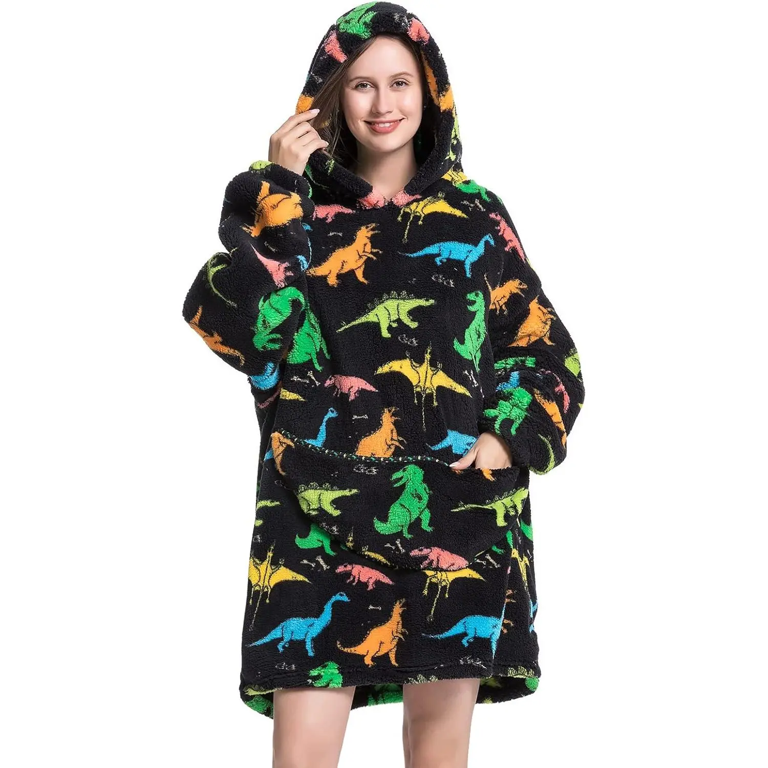 Wearable Blanket Hoodie  Hooded Blanket for Adult Women Super Soft Comfortable Warm Flannel Multicolor Dinosaur