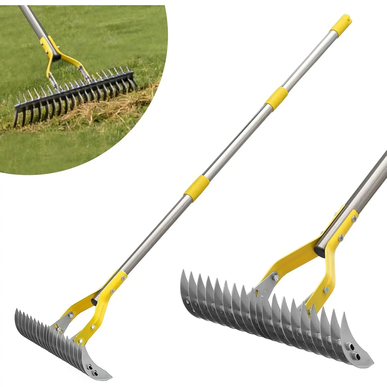 15-Inch Wide Manual Dethatcher Rake for Cleaning Dead Grass, Loosening Soil, Efficient Stainless Steel Dethatching Rake with Long Adjustable Handle, Thatch Rakes for Lawns, Yard, Garden
