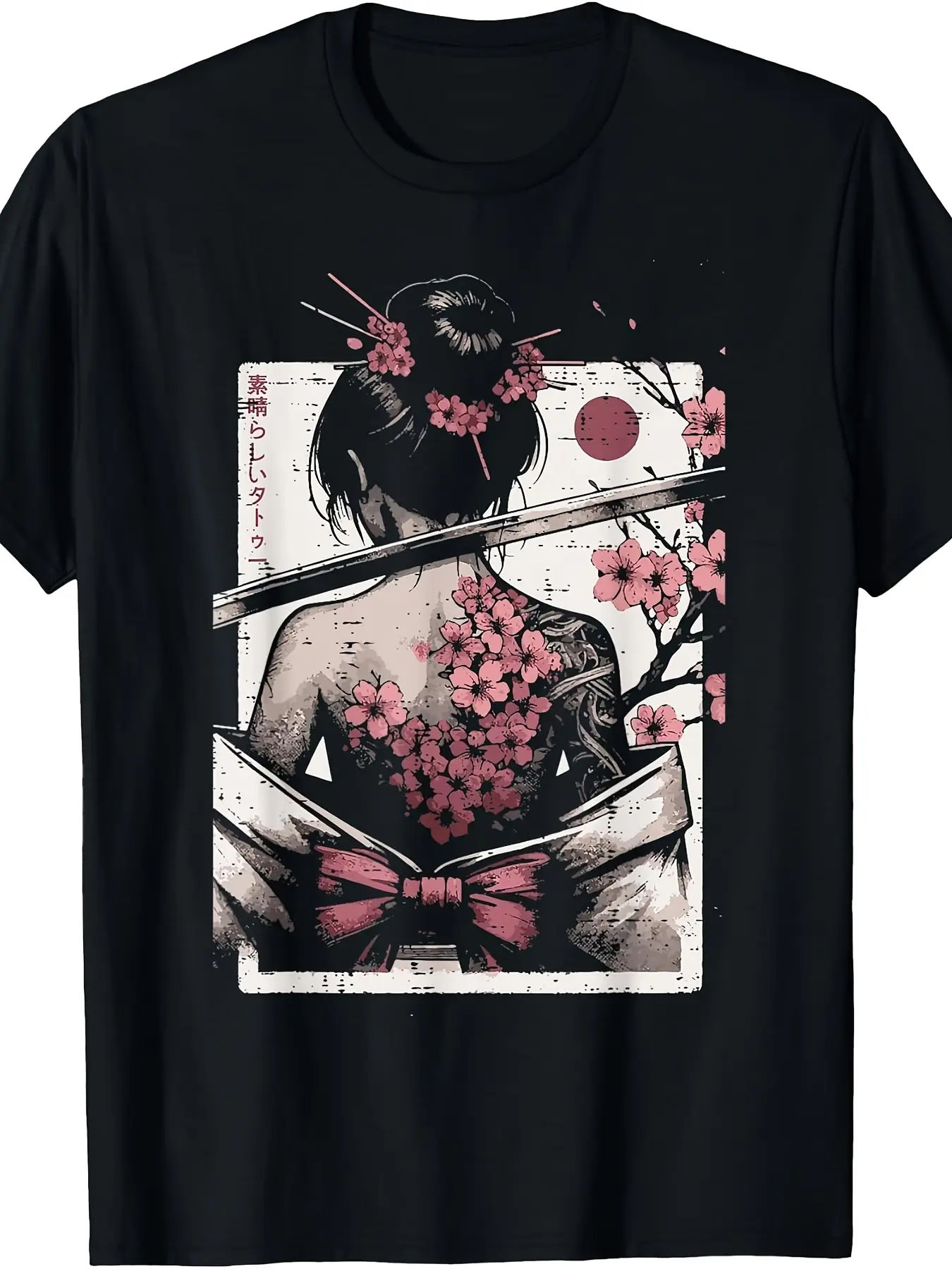 Japanese Woman Cherry Blossom Tattoo Art Geisha T-Shirt |   Same Style for Men and Women, 2025 Summer, Short-Sleeved, Printed, Pure Color, 220G Fabric, Vintage Style, Crew Neck, Regular Fit
