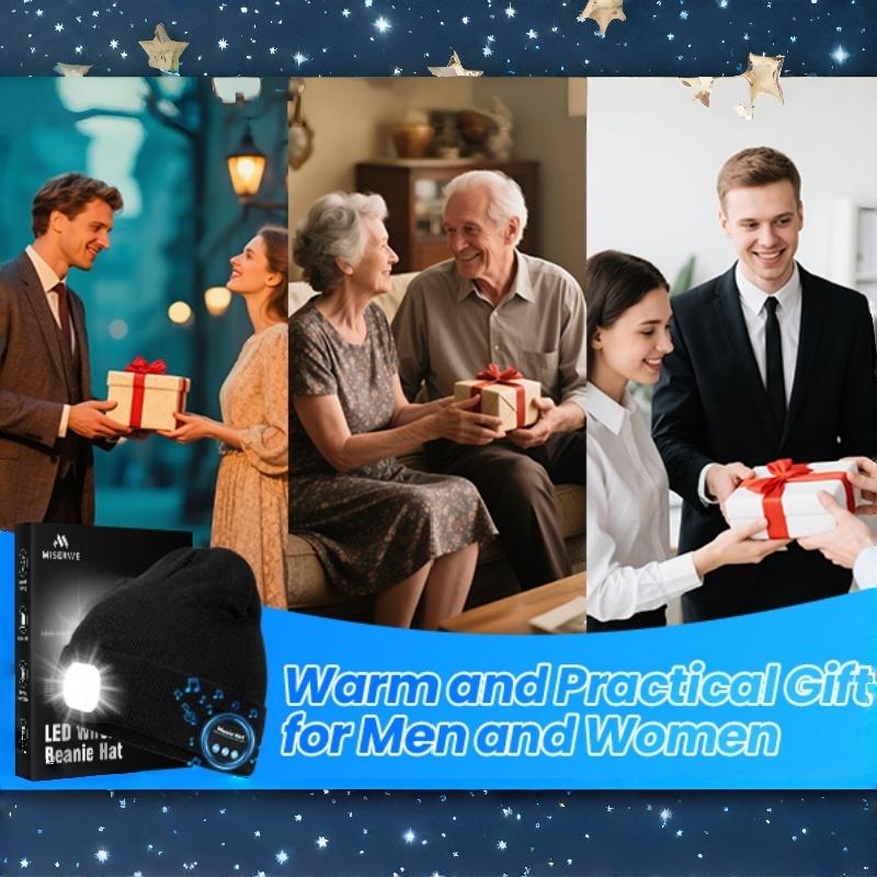 Music and dance style white light borderless cap，LED Beanie with Light, Unisex Rechargeable Flashlight Beanie Hat with Wireless Headphones, Unique Christmas Birthday Gifts for Men Women Black