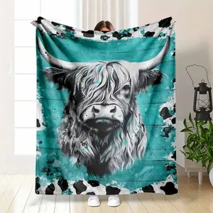 Highland Cow Flannel Blanket Turquoise Abstract Animal Print Design Soft Warm Lightweight Cozy Throw for Bedroom Living Room Sofa Home Office Gift Decor