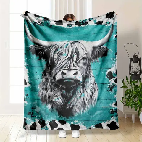 Highland Cow Flannel Blanket - Turquoise Abstract Animal Print, Soft Warm Lightweight, Wrinkle Resistant, Anti-Pilling, Color Stays Vivid Longer, Cozy Throw for Living Room Decor, Bedroom Sofa, Home Gift & Cozy Setup, Indoor/Outdoor