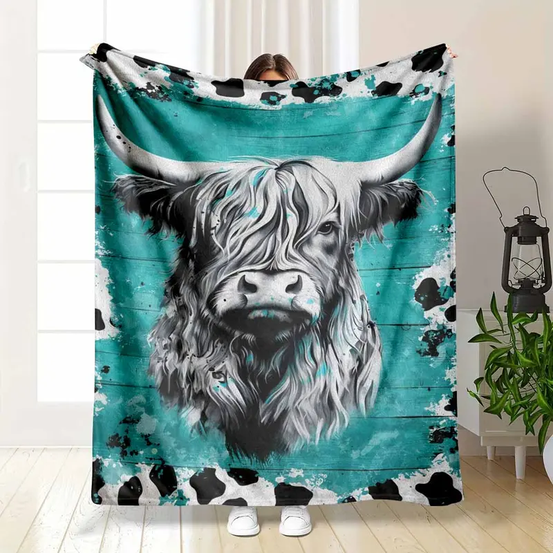 Highland Cow Flannel Blanket - Turquoise Abstract Animal Print, Soft Warm Lightweight, Wrinkle Resistant, Anti-Pilling, Color Stays Vivid Longer, Cozy Throw for Living Room Decor, Bedroom Sofa, Home Gift & Cozy Setup, Indoor/Outdoor