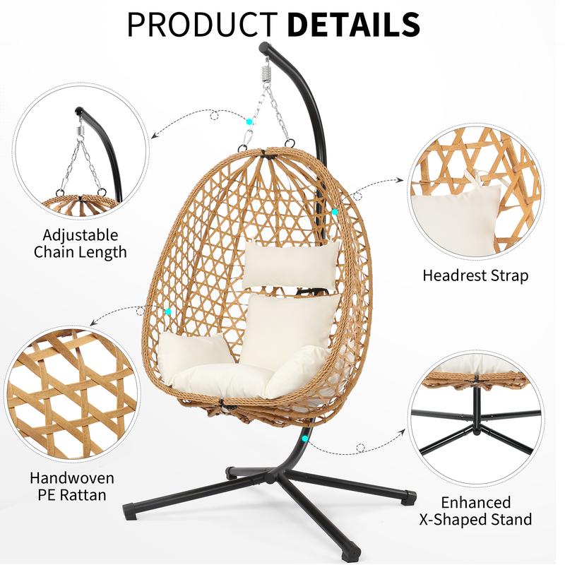 [dealsforyoudays] Single Patio Swing Egg Chair with Cushion, Indoor Outdoor Wicker Swing Chair, Patio Balcony Lounge Chair with Stand, Comfortable Hammock Chair for Garden  capable of supporting 358LB-Christmas Gifts.