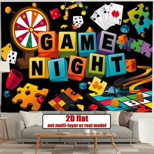 1pc 2D Flat Game Night Banner - Polyester Party Decoration with Vibrant Board Game Graphics Dice, Cards, Bingo for Home Wall Decor, Photo Backdrop, All-Season Party Supplies & Gifts, Playful D Ornaments White