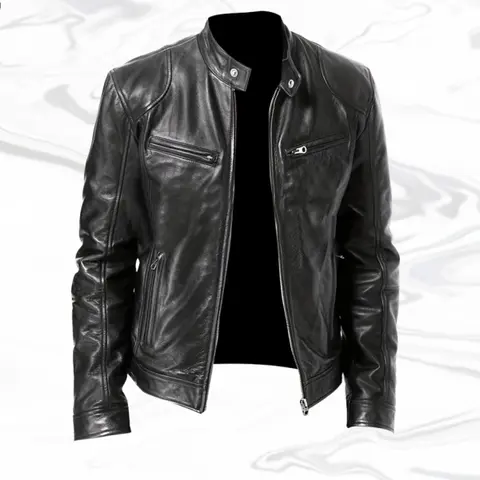Men's Fitted Vegan Leather Long-Sleeve Biker Coat - Mens Clothing, Woven Stylish Stand Collar Glossy Top, Streetwear Clothing, Plain Casual Spring Daily Apparel, Vegan Leather Men's Lightweight Jacket, Father's Day Gift,sohochic