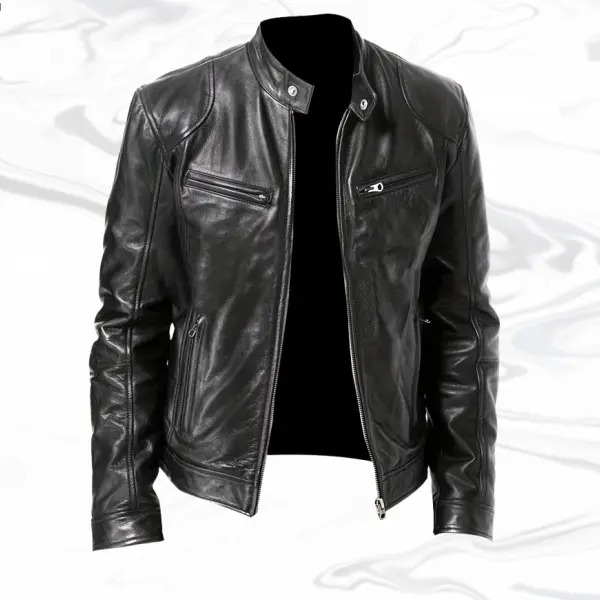 Men's Slim-Fit Faux Leather Long-Sleeve Coat - Stylish Stand Collar Glossy Biker Tops, Plain Casual Streetwear Spring Apparel, Father's Day Gift