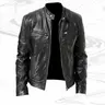 Men's Fitted Vegan Leather Long-Sleeve Biker Coat - Mens Clothing, Woven Stylish Stand Collar Glossy Top, Streetwear Clothing, Plain Casual Spring Daily Apparel, Vegan Leather Men's Lightweight Jacket, Father's Day Gift,sohochic