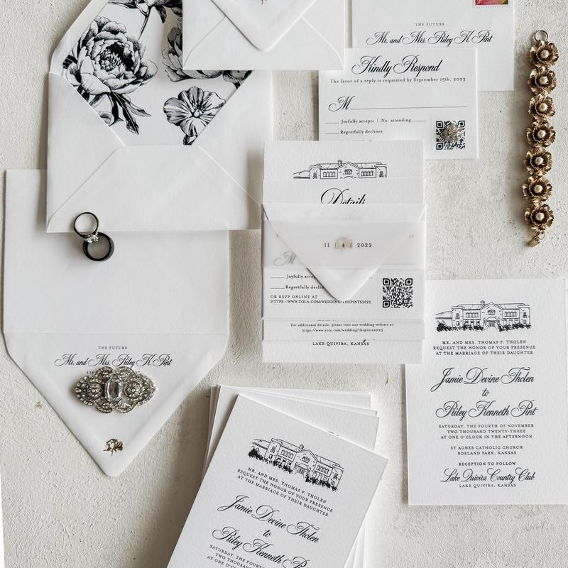 Black and White Letterpress Wedding Invitations - Style 110
