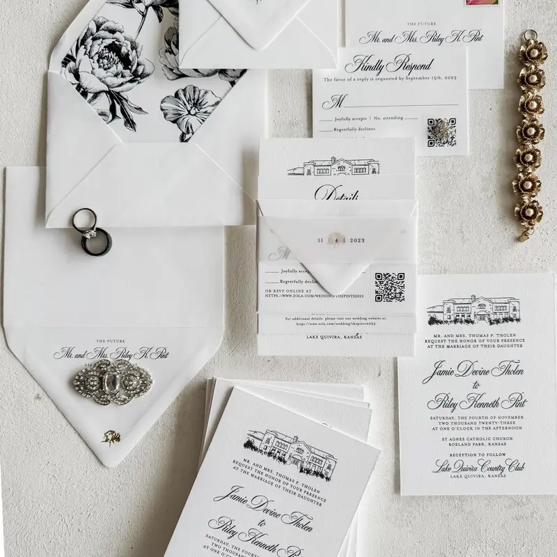 Black and White Letterpress Wedding Invitations - Style 110