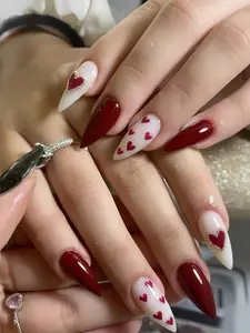 24pcs Medium Almond Press-On Nails, Minimalist Cherry Red 3D Heart Design, Full Cover Nail Set