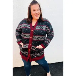 All Class Burgundy Holiday Print Button Cardigan