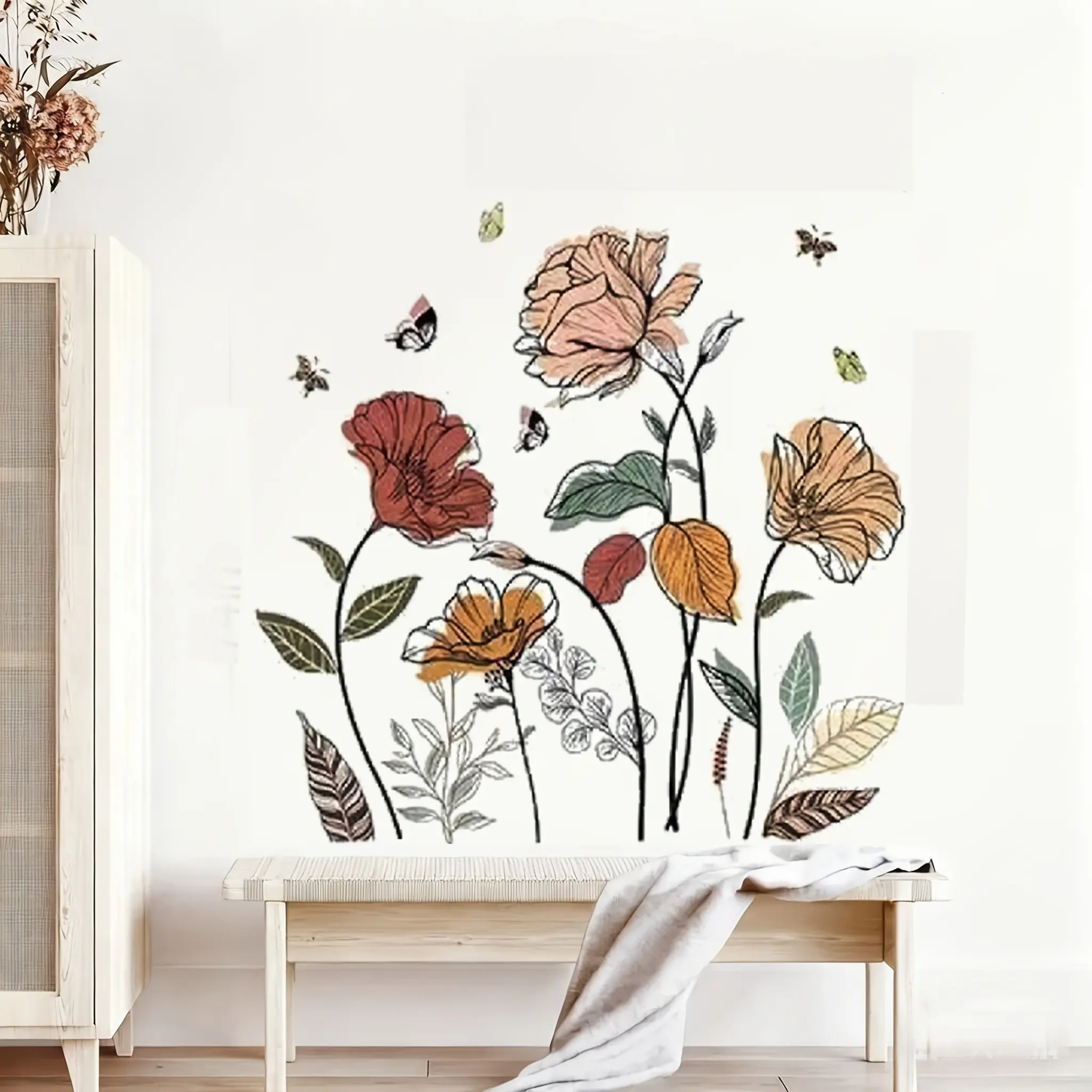 Bohemian Floral Wall Stickers, Wildflower Artistic Wall Art Decor, Vinyl Peel-And-Stick Decals, Durable Home Decoration for Living Room Bedroom