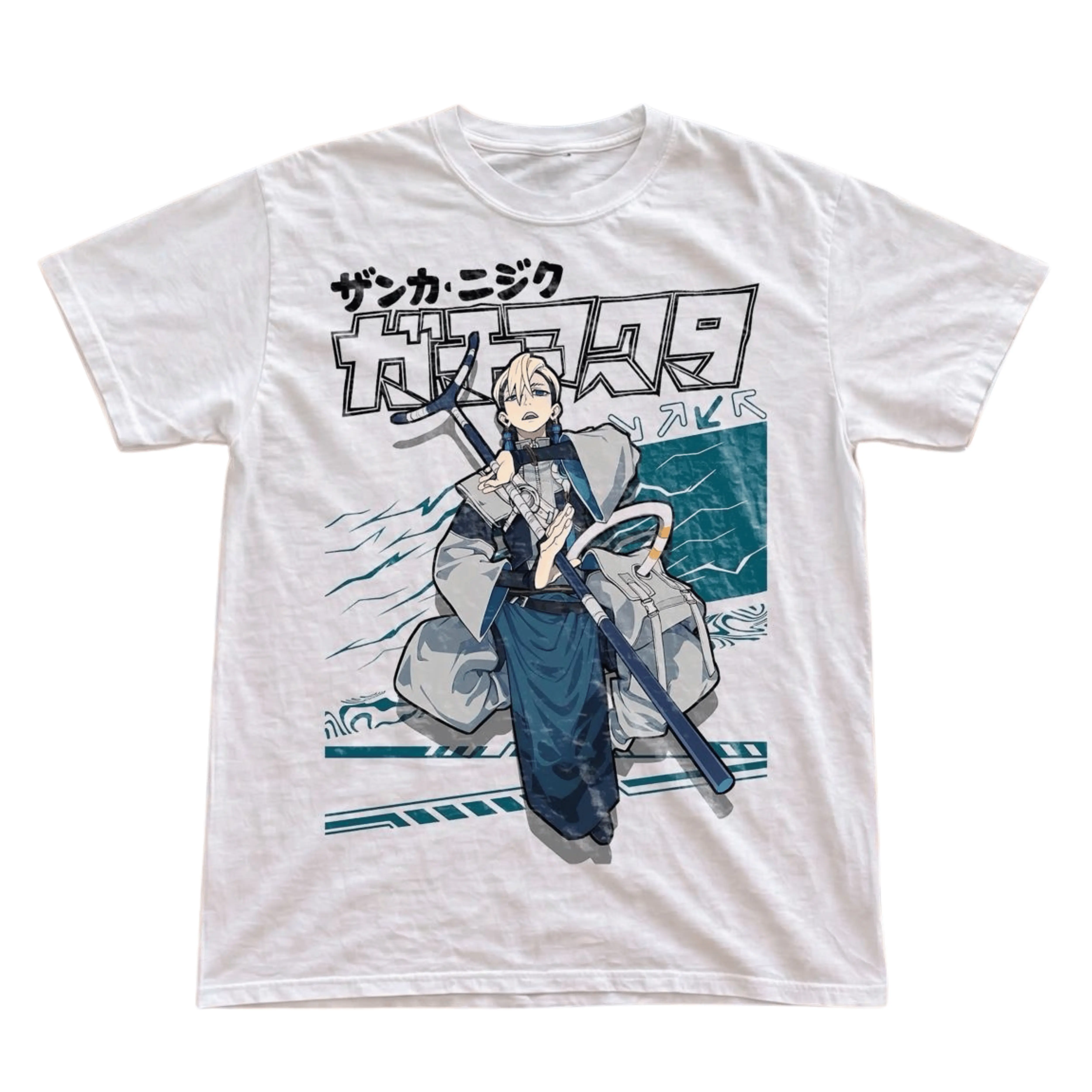 Gildan Men's and Women's T-Shirt, Vintage Gachiakuta Zanka Character Graphic Tee, Zanka Nijiku Jitte Weapon Shirt, Teal Japanese Manga Poster Top, Y2K Grunge Cyber Streetwear Merch, Cool Otaku Anime Art Gift Idea, Retro Alt Apparel Unisex, Premium Cotton