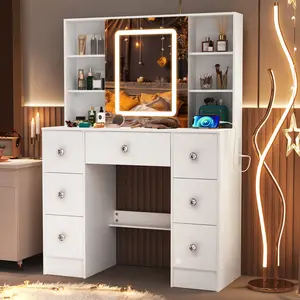 Chic Makeup Vanity Desk Set with Smart LED Sliding Mirror, 7 Drawers & 6 Side Shelves, High-Quality Wood, White Finish, 39.4 x 15.7 x 55.2 inch christmas vanity