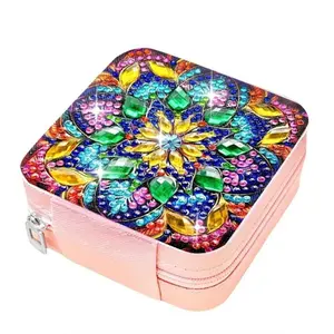 1pc DIY Mandala Diamond Art Jewelry Boxes for Women, Crystal Rhinestone Diamond Painting Travel Jewelry Box Kit,  Canvas Cosmetic Organizer with Zipper, Portable Canvas Travel Cases for Rings and Necklaces, Christmas Gifts for Friends and Family