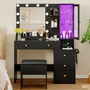 Lighted Vanity Desk with Mirror, RGB Dressing Table Set with 5 Drawers, Power Outlet & Cushioned Stool, Adjustable Brightness Makeup Vanity, Modern White Dresser for Bedroom