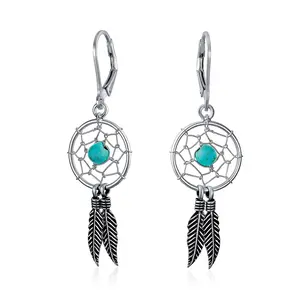Native American Turquoise Gemstone Feather Dangle Earrings